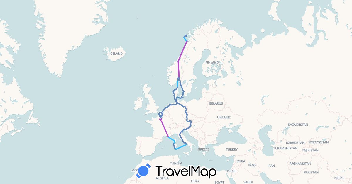 TravelMap itinerary: driving, cycling, train, hiking, boat in Austria, Belgium, Czech Republic, Germany, Denmark, France, Italy, Netherlands, Norway, Sweden, Slovenia (Europe)